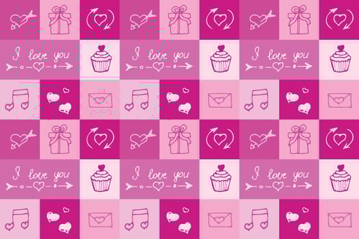 Valentine's Day seamless pattern in doodle style in squares. Print for wallpaper, stationary, wrapping paper, textile prints, packaging, etc. Vector illustration