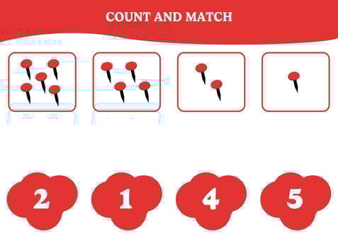 Count and match game with thumbtack. Educational worksheet design for preschool, kindergarten students. Learning mathematics. Brain teaser fun activity for kids. vector