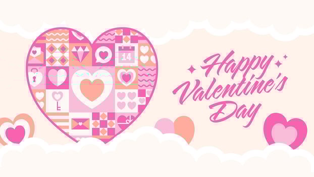 Happy Valentine's Day banner with decorative geometric heart and clouds. Design in pastel colors. Vector illustration