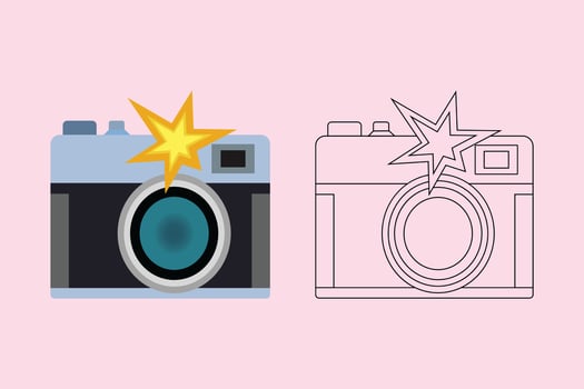 Camera with flash light vector isolated icon.Vintage photo camera icon, flat style Pro Vector illustration.