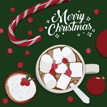 Hot chocolate with marshmallows and cupcakes for Christmas Eve. Christmas vector illustration design