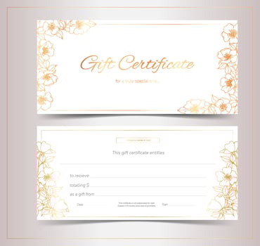 Elegant gift certificates with flowers. Golden sakura blooms on a light background. Gift voucher template for spa, cosmetics, beauty, restaurants vector