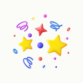 3D Party confetti with star and serpentine ribbon. Birthday surprise. Festive decoration elements for poster or banner. vector