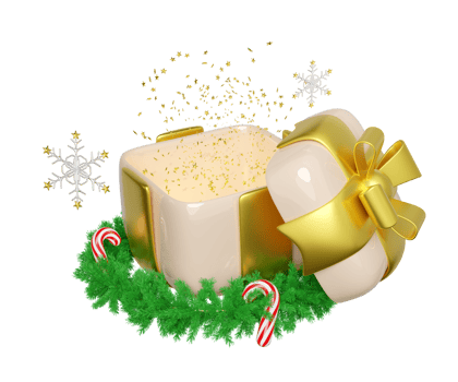 3d open gift box empty with wreath pine leaves, candy cane, snowflake. merry christmas and happy new year, 3d render illustration png