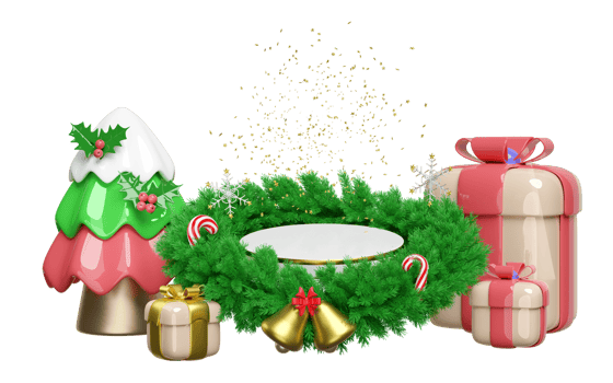 3d cylinder stage podium empty with wreath pine leaves, gift box, candy cane, jingle bell, christmas tree, snowflake. merry christmas and happy new year, 3d render illustration png