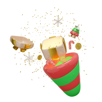 explosion firecracker funnel with open gift box empty, coins, christmas tree, candy cane, snowflake. merry christmas and happy new year, 3d render illustration png