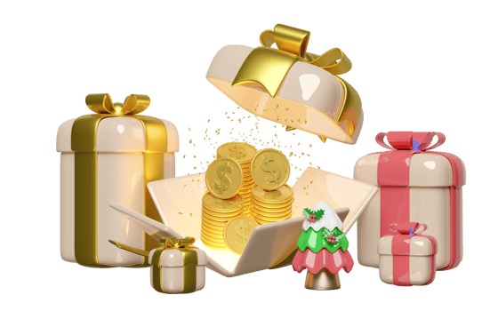 3d open gift box with dollar coins stacks, christmas tree. merry christmas and happy new year, 3d render illustration png