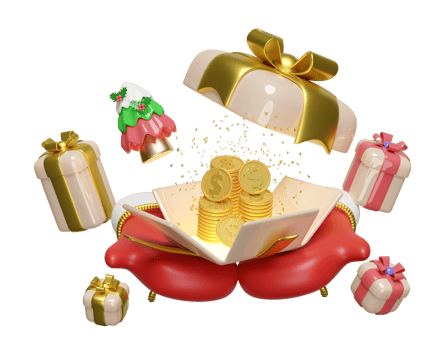 3d open gift box on warm mittens with dollar coins stacks, christmas tree. merry christmas and happy new year, 3d render illustration png