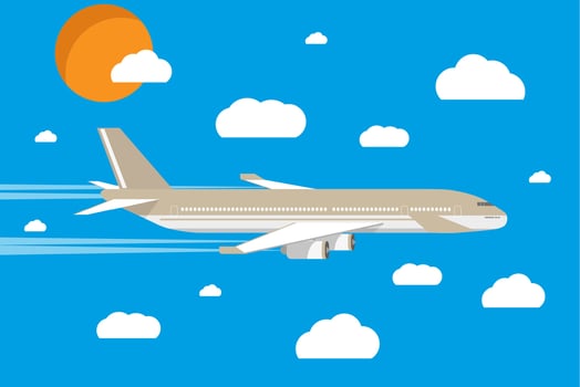 picture of a grey civilian plane with clouds and sun. vector illustration in flat design. travel concept