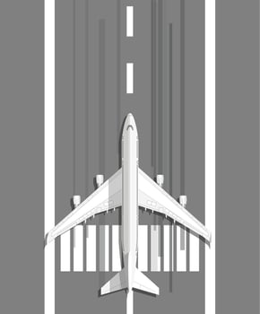 white civil aviation airplane standing on landing strip before take off, vector illustration in flat design