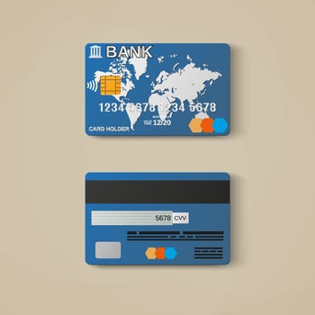 Bank card, credit card design template in two sides. silver world map on blue. vector illustration on light background