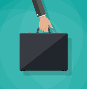 cartoon businessman hand holding black briefcase. vector illustration in flat design on green background