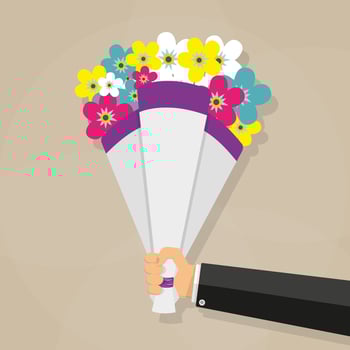 cartoon businessman hand holding bouquet of pink red blue white and yellow flowers. vector illustration in flat design on brown background