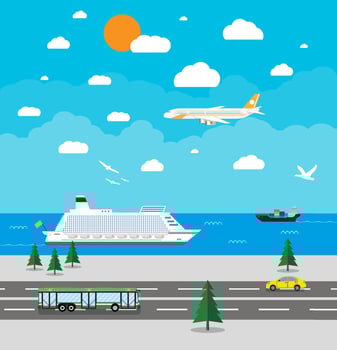background with various types of transport, car, bus, airoplane, cruise ship. Different means of transportation. Travel concept. Vector illustration in flat design