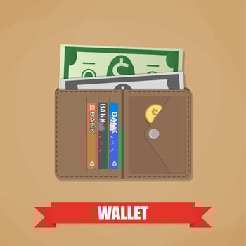 Opened brown leather wallet. With plastic cards, coin and dollar cash. vector illustration in flat design on brown background