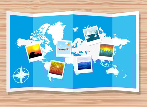 Wooden travellers desk with folded paper map of world and photos. travel and vacation concept. vector illustration in flat design