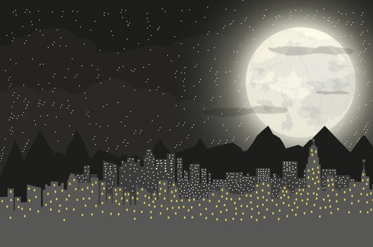 Silhouette of the city and mountains with cloudy night sky, stars and full moon. vector illustration