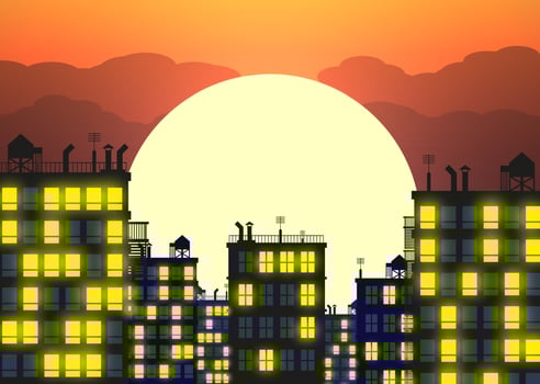 Silhouette of the city in late evening, buildings rooftops and evening sky with setting sun. vector illustration