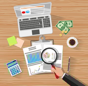 Auditor with magnifying glass at table during analysis of financial report. Financial audit concept. Auditing tax process. laptop, calculator, coffee, cash money. vector illustration in flat style