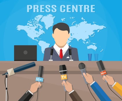 Press conference, world live tv news, interview. hands of journalists with microphones. vector illustration in flat style on blue background with world map
