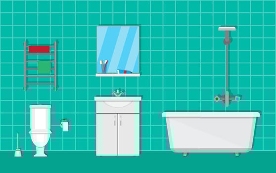 Bathroom with furniture. Washbowl with mirror, bathtub, towel dryer. toilet, paper and brush. vector illustration in flat style on green background