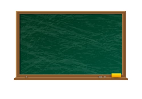 Empty green chalkboard with shadow with wooden frame with yellow sponge and white chalk on white background. vector illustration