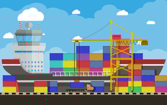 River ocean and sea freight shipping by water. crane unloads a cargo ship. containet truck. Background with blue sky and clouds. sea port logistics and delivery. vector illustration in flat style