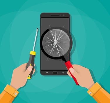 Hands with mobile phone with broken screen and screwdriver. fix phone service. vector illustration in flat style on green background