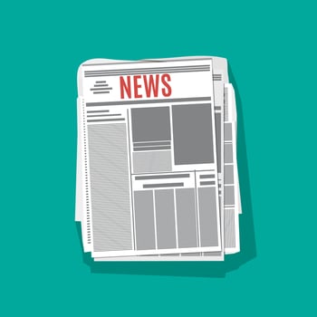 newspaper stack icon in flat design on green background with long shadow. world news magazine, paper pile, journal heap, vector illustration