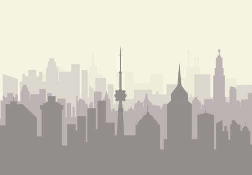 Foggy city skyline silhouette. skyscappers, towers, office and residental buildings. vector illustration