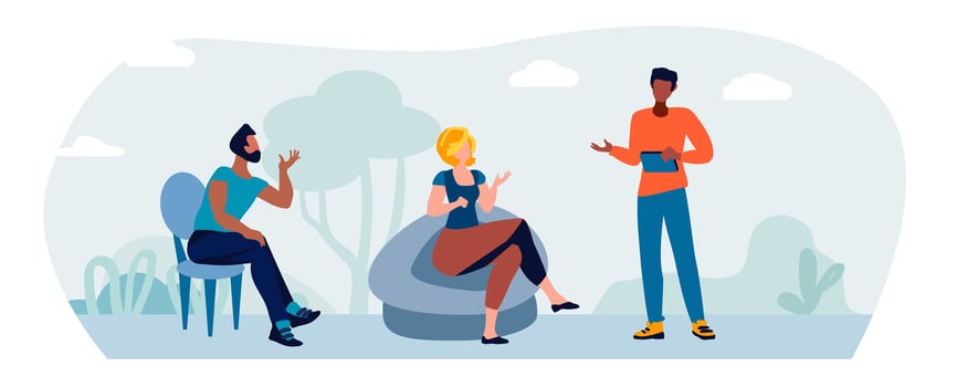 Woman and men talking against a background of trees and bushes vector