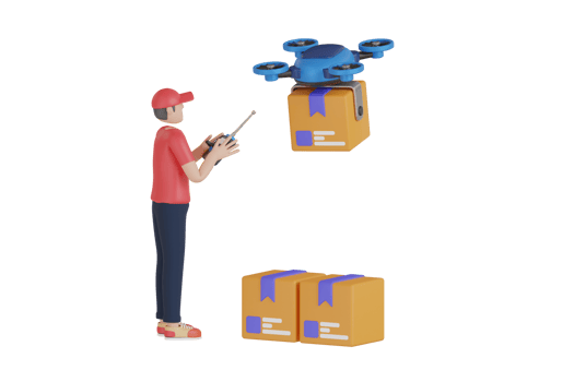 Drone delivery 3d illustration. Man doing Drone Delivery 3D Illustration. Delivery drone with the cardboard box flying over png