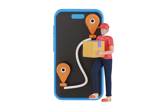 Online delivery on mobile application 3d illustration. Delivery man holding Parcel Box with mobile phone. 3d illustration png