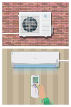 Air conditioner system. hand with remote control, internal and external units on wall. vector illustration in flat style