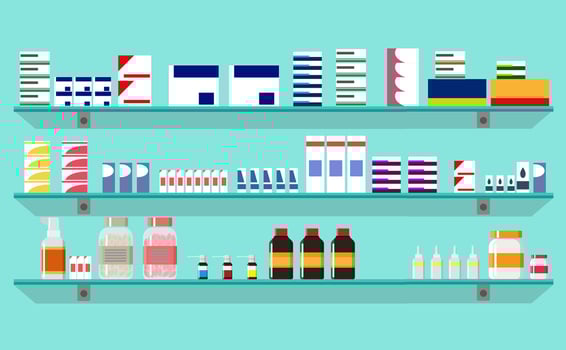 Modern interior pharmacy or drugstore. Medicine pills capsules bottles vitamins and tablets. vector illustration in flat style