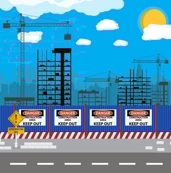 Construction site with buildings and cranes. skyscraper under construction. fence. vector illustration silhouette and blue sky