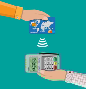 Pos terminal confirms the payment by bank card. nfc payments concept Vector illustration in flat design.
