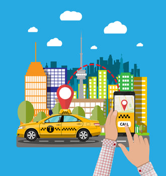 Urban cityscape with taxi cab, hand with smartphone and taxi service application. vector illustration in flat style