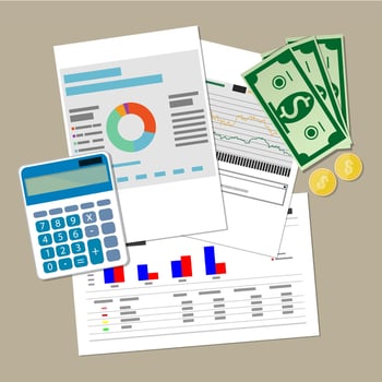 Spreadsheet concept. clipboard with financial reports, money calculator and pen. vector illustration in flat design