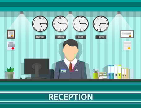 interior of reception with receptionist, computer, pen, safety boxes, clocks, document paper. hotel hostel lobby, tourism concept, vector illustration in flat design