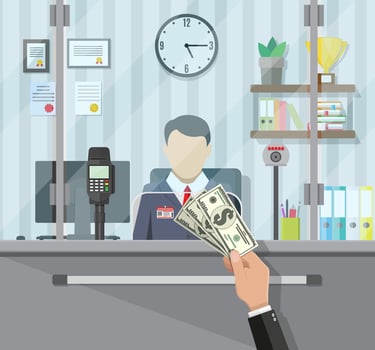 Bank teller behind window. Hand with cash. Books, cup, plant, clocks, computer and keypad terminal. Depositing money in bank account. People service and payment. Vector illustration in flat style