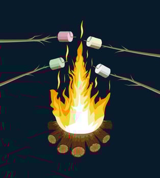 Bonfire with marshmallow. Logs and fire. Camping, burning woodpile in night. Vector illustration in flat style