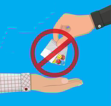 Hand of the drug dealer gives bag of narcotic pills and cocaine to other hand. Anti-drug concept. Vector illustration in flat style
