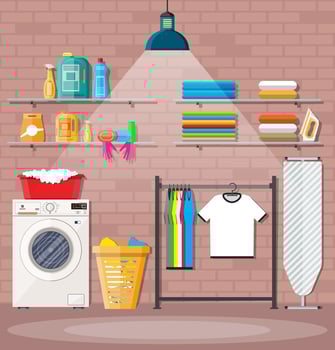 Laundry room with washing machine, ironing board, iron, clothes rack, household chemistry cleaning, washing powder and basket. Brick wall and lamp. Vector illustration in flat style
