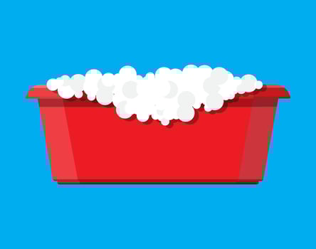 Red plastic basin with soap suds. Bowl with water. Washing clothes, cleaning equipment. Vector illustration in flat style
