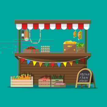 Traditional wooden market food stall full of groceries products with flags, crates and chalk board. Vector illustration in flat style