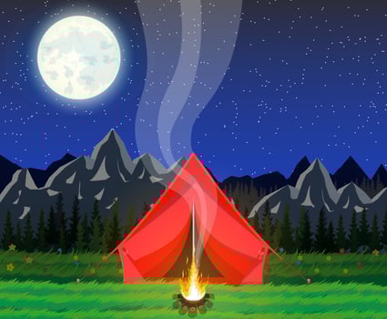 Meadow with grass and camping in night. Tent, bonfire, flowers, mountains, trees, sky, moon and stars. Vector illustration in flat style