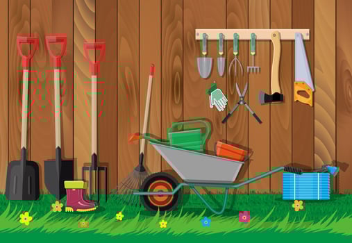 Gardening tools set. Equipment for garden. Saw bucket ax wheelbarrow hose rake can shovel secateurs gloves boots. Wooden fence, flower, grass. Vector illustration in flat style