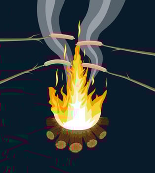 Bonfire with grilled sausages. Logs and fire. Camping, burning woodpile in night. Vector illustration in flat style