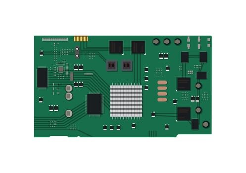 Electric circuit board with various chips and electronic components. Vector illustration in flat style
